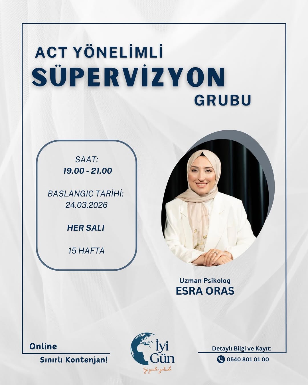 Uzman Psikolog Esra Oras eğitmenliğinde ACT Yönelimli Süpervizyon için yeni grubumuz 24 Mart’da başlıyor! 🙌🏻

Süpervizyon grubuna katılabilmek için ACT Temel Eğitimi’ni almış olmanız gerekmektedir. 

Detaylı bilgi ve kayıt için afişteki telefon numarasına ve @iyigunleryakindaplatformu’na mesaj atabilirsiniz. 🌺✨