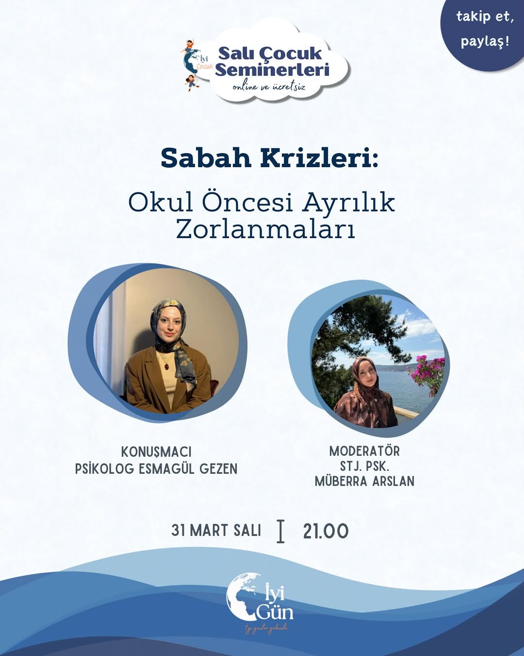 Salı Çocuk Seminerleri’nde yarın akşam @psikologesmagulgezen ‘dan “Sabah Krizleri: Okul Öncesi Ayrılık Zorlanmaları ” konusunu dinleyeceğiz🌼

Salı Çocuk Seminerleri serimize katılmak için:

🌱 Bizi ve @iyiguncocuk hesabını takip etmeniz,
🌱 Gönderiyi beğenmeniz,
🌱 Yorumlara 3 arkadaşınızı etiketlemeniz,
🌱 Profilimizde bulunan kayıt formunu doldurarak whatsapp grubuna dahil olmanız gerekmektedir.

✨ Seminerimiz herkesin katılımına açıktır.

Şimdiden hepimiz için istifadeli olmasını dileriz.🌷